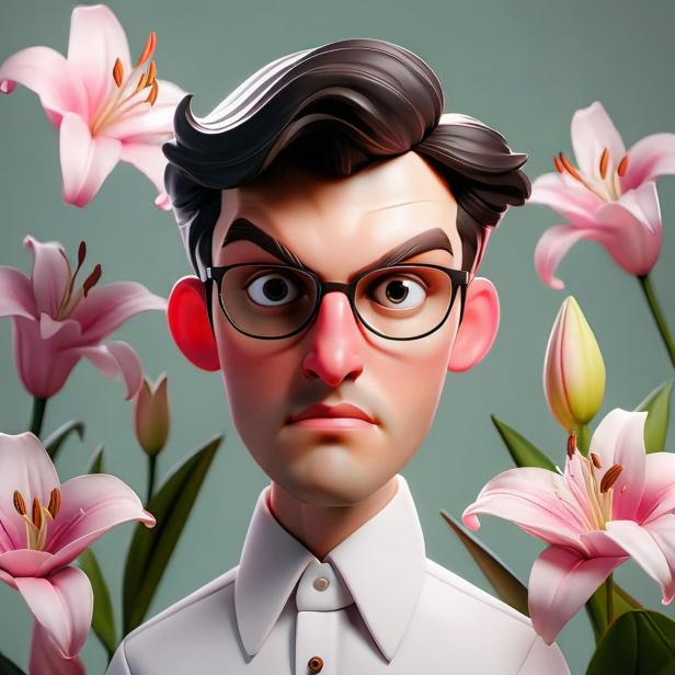 Ein stilisierter Avatar eines Mannes mit Brille, umgeben von rosa Lilien.