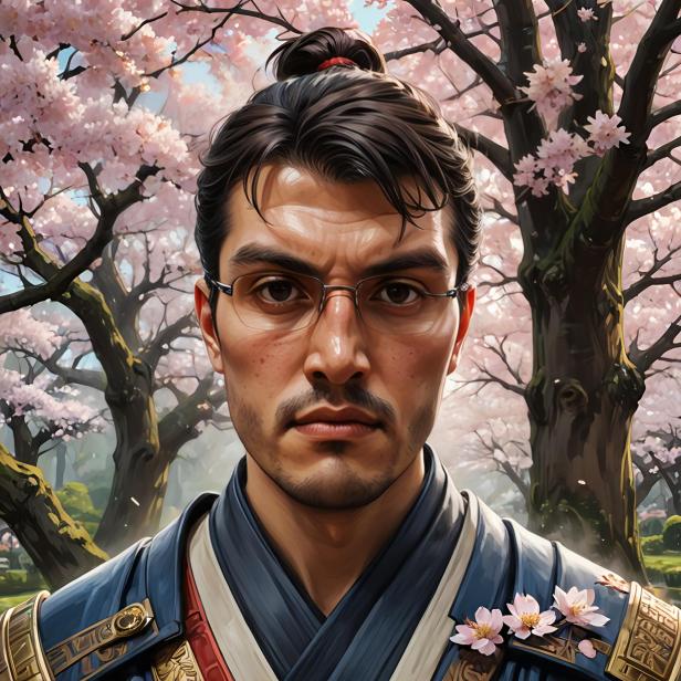 Ein Mann mit Brille und Dutt vor einem Hintergrund aus blühenden Kirschbäumen.