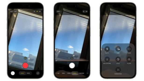 Drei Screenshots der Kamera-App auf einem iPhone, die verschiedene Einstellungen zeigen.