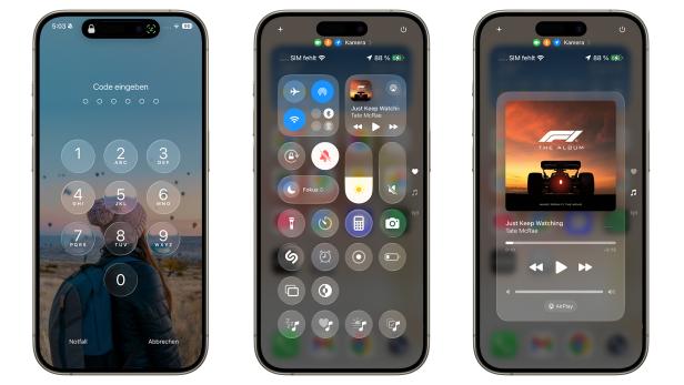 Drei iPhones zeigen den Sperrbildschirm, das Kontrollzentrum und die Musikwiedergabe mit dem Album „F1: The Album“.