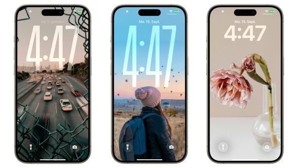 Drei iPhones zeigen verschiedene Hintergrundbilder auf ihren Sperrbildschirmen.