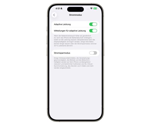 Ein iPhone-Bildschirm zeigt die Einstellungen für den Stromsparmodus.