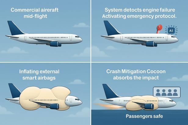 Eine vierteilige Grafik zeigt, wie Airbags bei einem Flugzeug im Notfall funktionieren.
