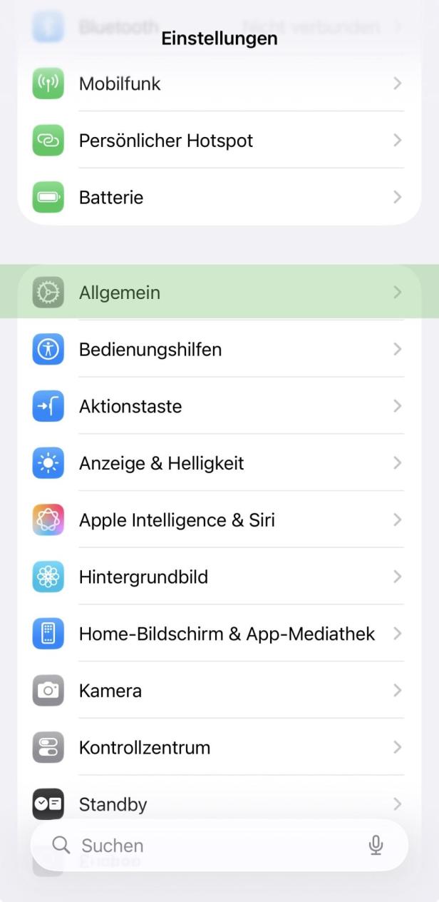 In den Einstellungen des iPhones auf Allgemein klicken.