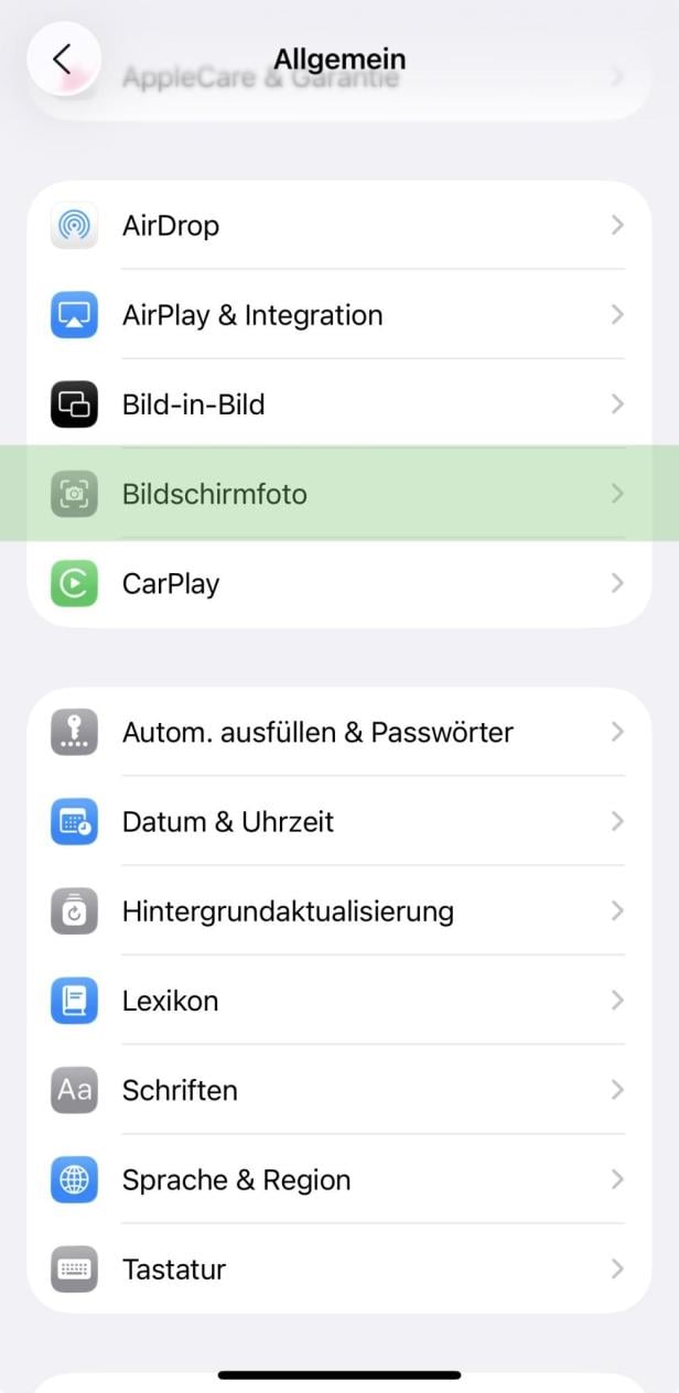 In den Einstellungen auf Bildschirmfoto klicken.