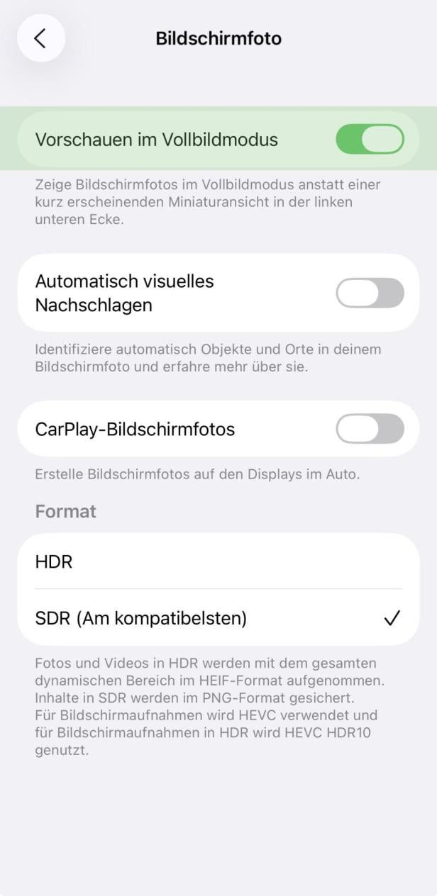 „Vorschauen im Vollbildmodus“ ist auf einem iPhone deaktiviert.