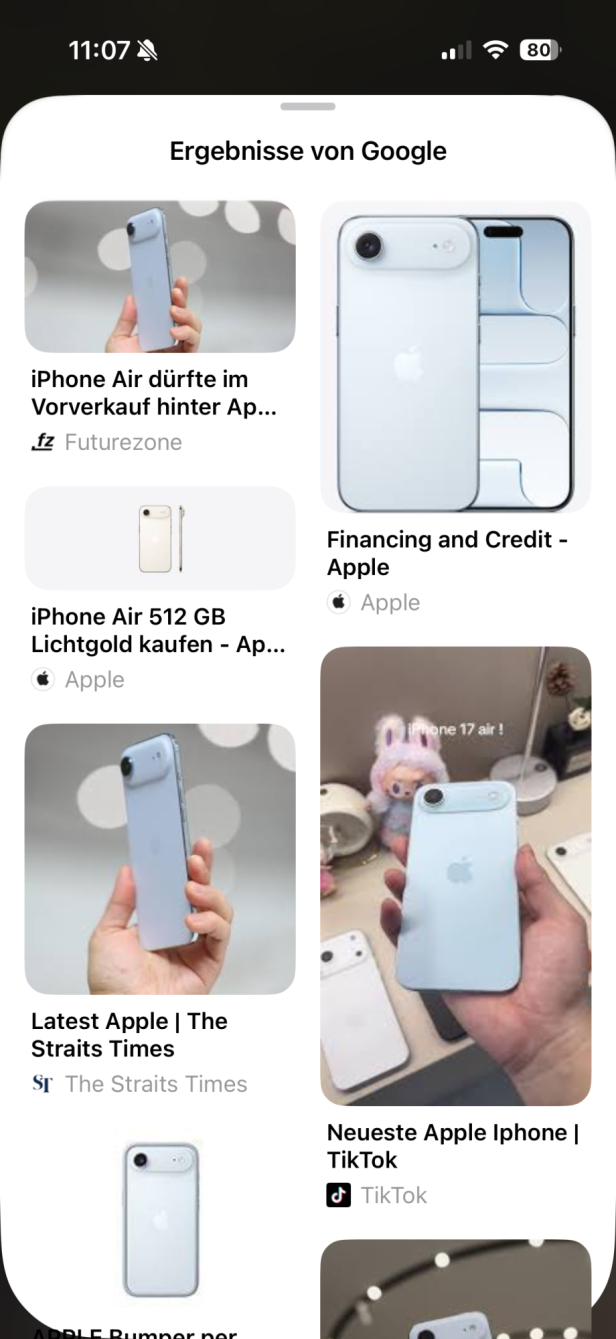 Ergebnisse von Google, die zum Screenshot vom iPhone Air angezeigt werden.