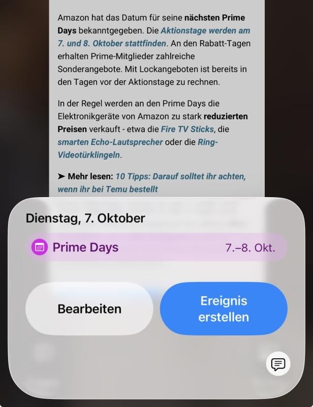 Zu sehen ist, wie Apple aus einem Datum einen Kalendereintrag macht.