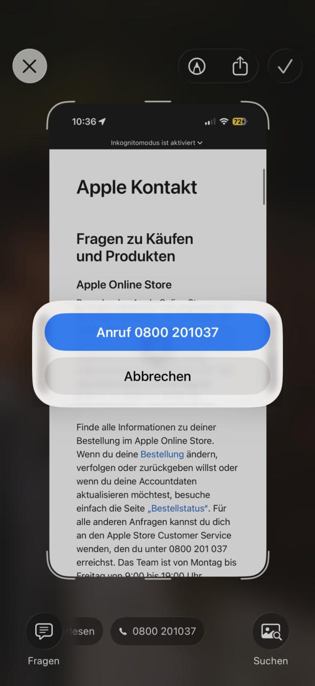 Zu sehen ist ein Screenshot des Apple Kontakts und wie man dort anruft.