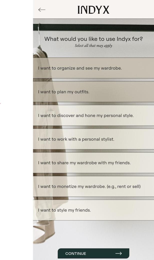 Ein Screenshot der Indyx-App, die nach den Nutzungszwecken fragt.