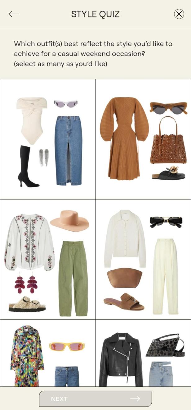 Ein Screenshot eines Indyx-Style-Quiz mit verschiedenen Outfit-Optionen.