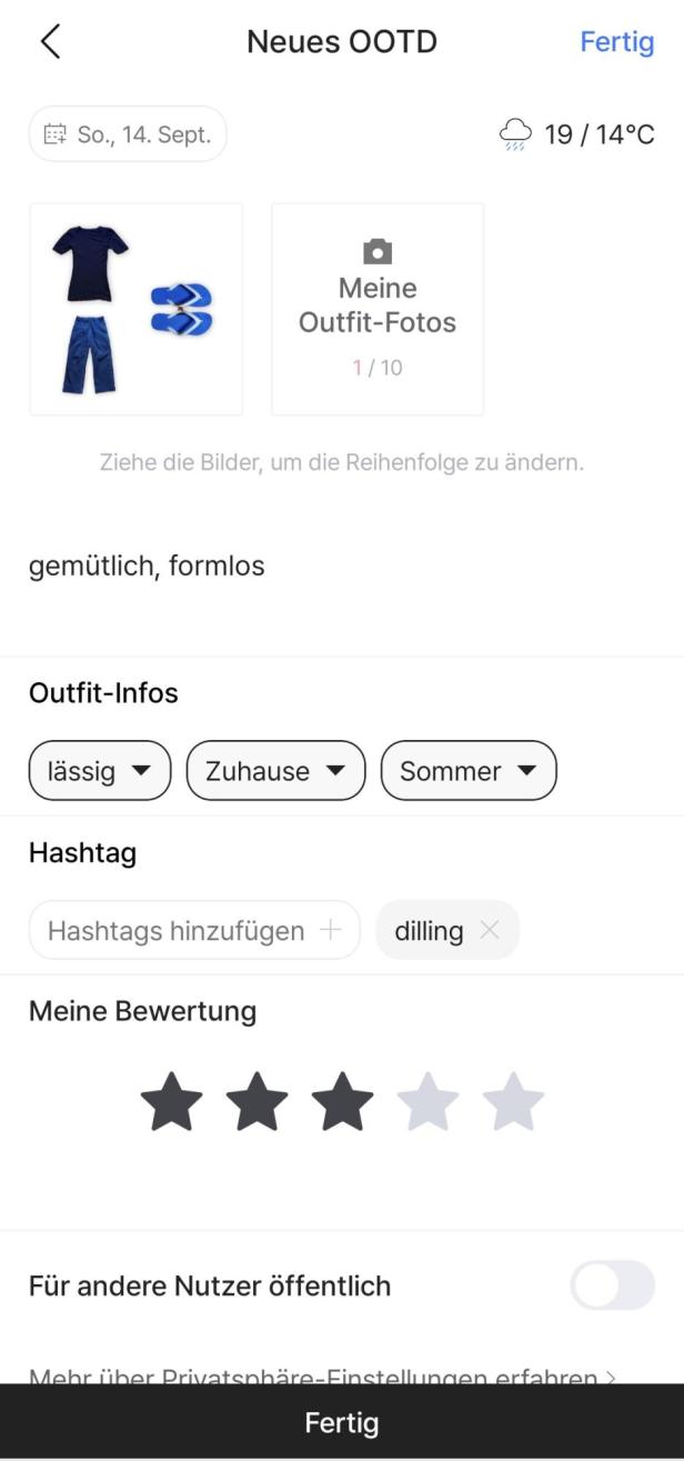Ein Screenshot der „Neues OOTD“-Seite einer App zur Outfit-Planung.