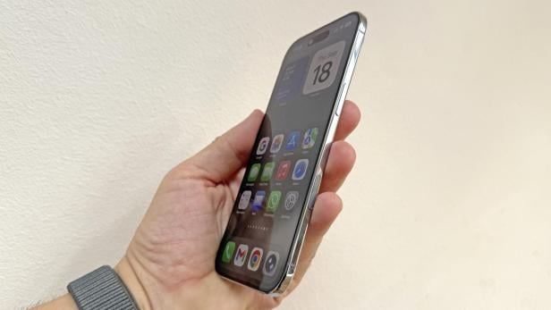 Eine Hand hält ein iPhone mit dem Startbildschirm.