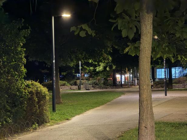 Ein beleuchteter Parkweg schlängelt sich durch die Nacht.