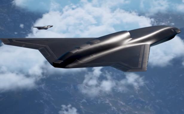Die neue Stealth-Drohne Vectis von Lockheed Martin mit charakteristischer Lambda-Flügelform fliegt autonom über den Wolken.