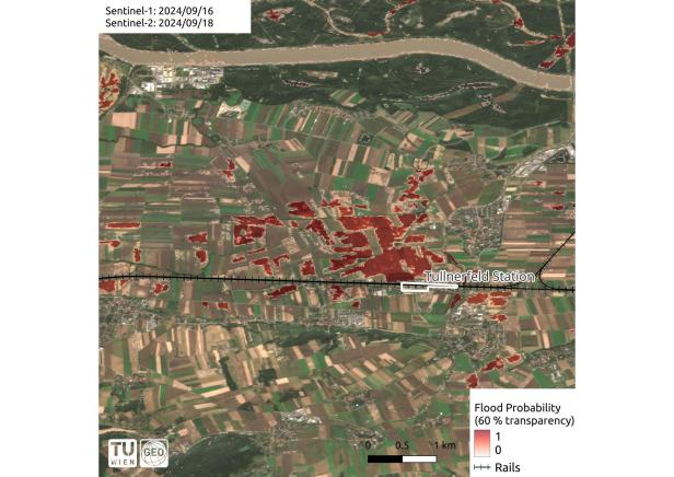 Karte der Region um den Bahnhof Tullnerfeld mit farblich markierten Flutwahrscheinlichkeiten, basierend auf Satellitendaten und Simulationen des POPSICLE-Projekts der TU Wien.