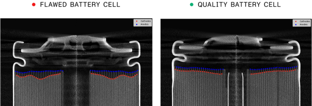 Zu sehen sind zwei Batterien im CT-Scan: Eine gut und eine schlecht gefertigte 