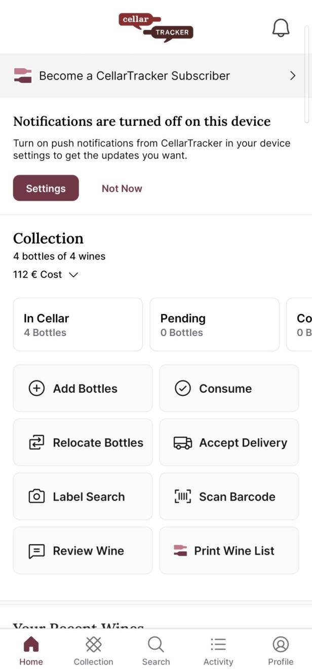 Screenshot Startseite CellarTracker