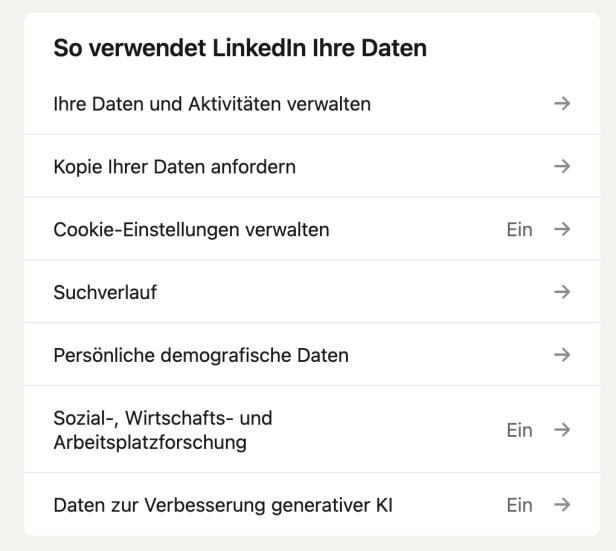 Die Datenschutzoptionen in den Einstellungen von Linkedin 