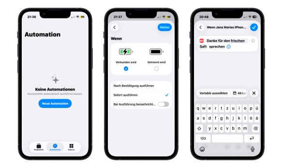 Drei iPhones zeigen die Erstellung einer Lade-Automation in der Kurzbefehle-App.