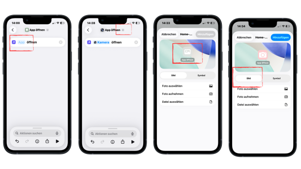 Vier iPhone-Bildschirme zeigen die Erstellung eines Kurzbefehls zum Öffnen einer App.