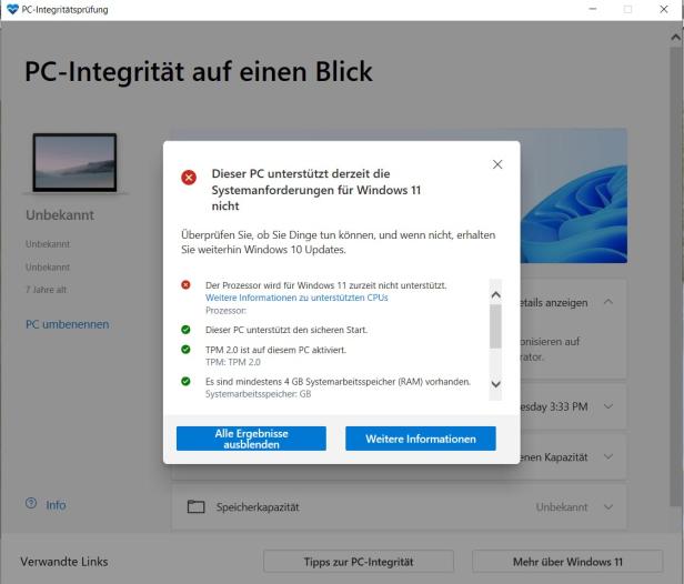 Screenshot "Dieser PC unterstützt derzeit die Systemanforderungen für Windows 11 nicht"