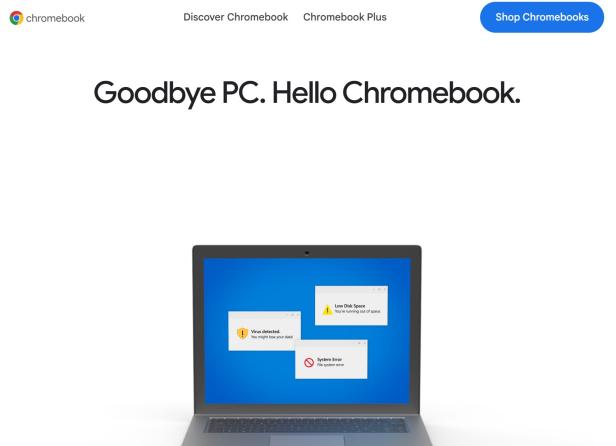 Googles Chromebook Werbung zeigt einen Laptop mit Warnmeldungen