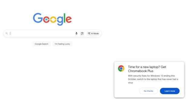 Pop-up-Werbung für Chromebooks, die Windows-10-Nutzern in den USA angezeigt wird