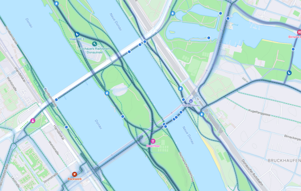Strava-Heatmap von der Donaunisel und Wien