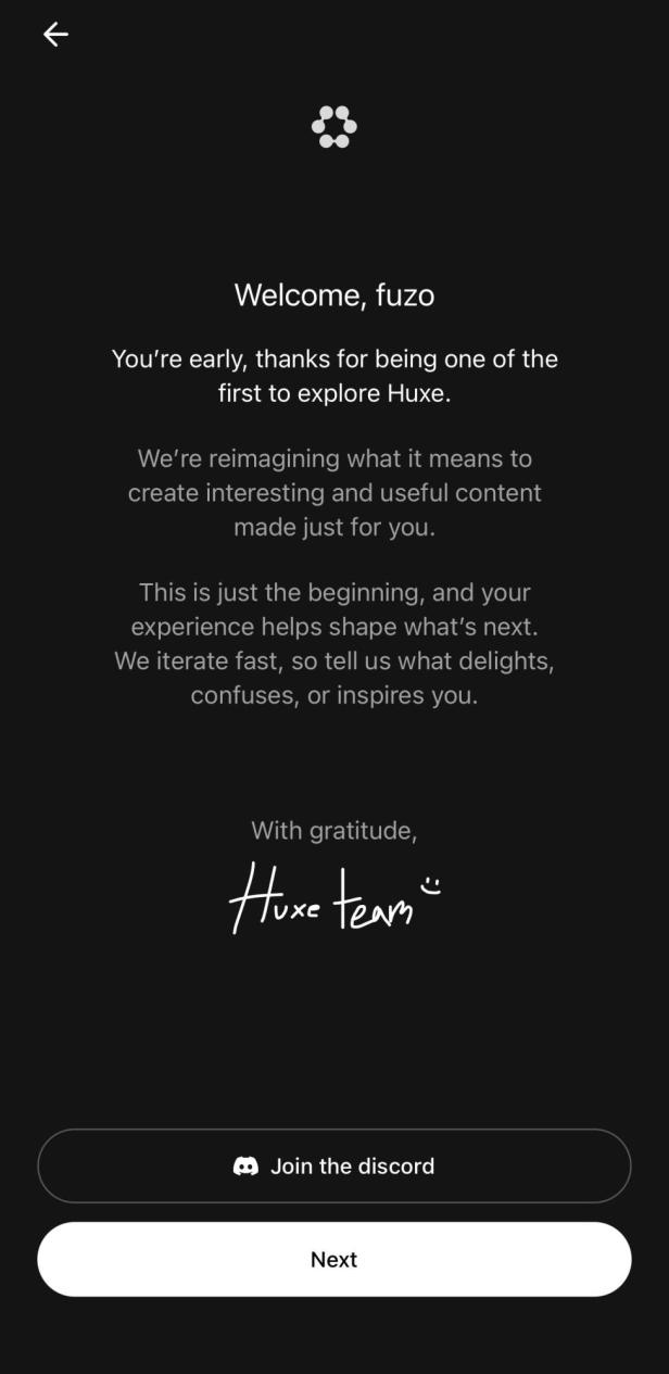 Willkommenscreen von Huxe