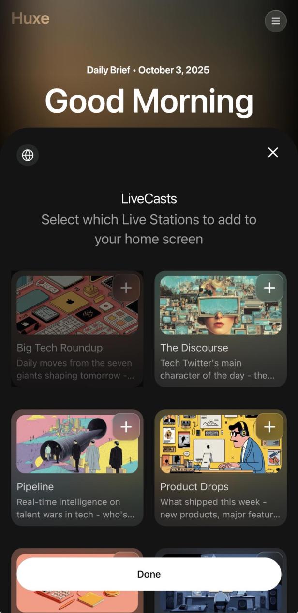 Auswahl der LiveCasts in Huxe