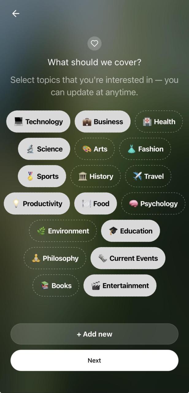 Themenauswahl bei Onboarding in Huxe