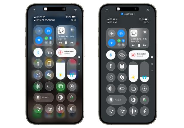 iOS 26 im Liquid-Glass-Design (links) und mit reduzierter Transparenz (rechts)
