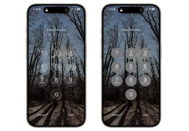 iOS 26 im Liquid-Glass-Design (links) und mit reduzierter Transparenz (rechts)
