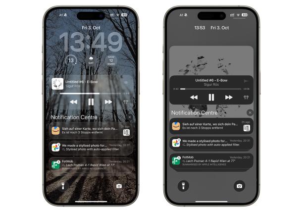 iOS 26 im Liquid-Glass-Design (links) und mit reduzierter Transparenz (rechts)