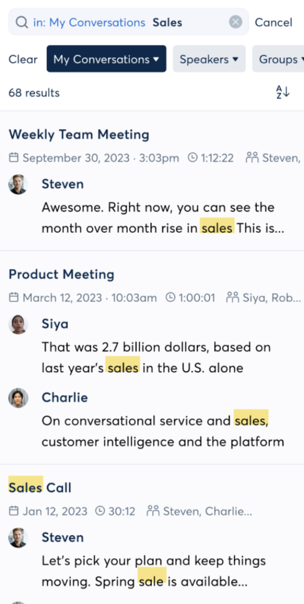 Konversationsübersicht von Otter.ai