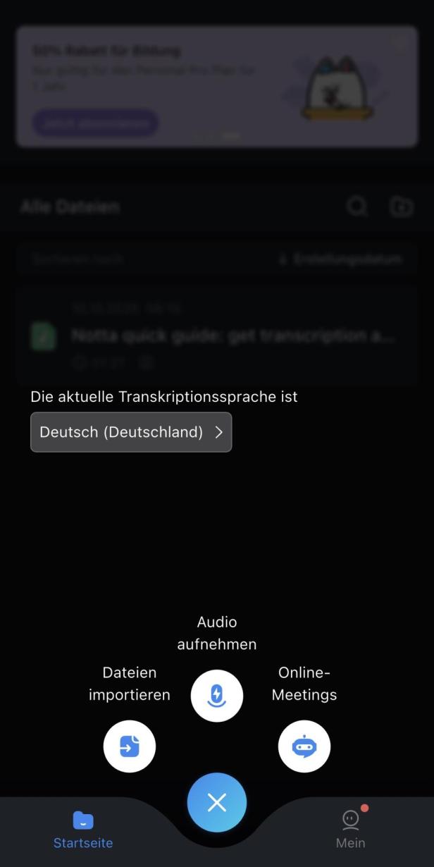 Dashboard inklusive Aufnahme-Funktion der Notta-App