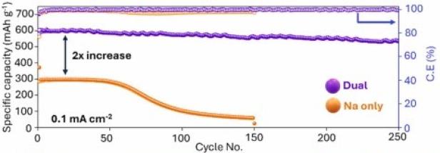 EIne Graphik vom Vergleich des Natrium-Elektrolyts mit dem Natrium-Lithium-Elektrolyt