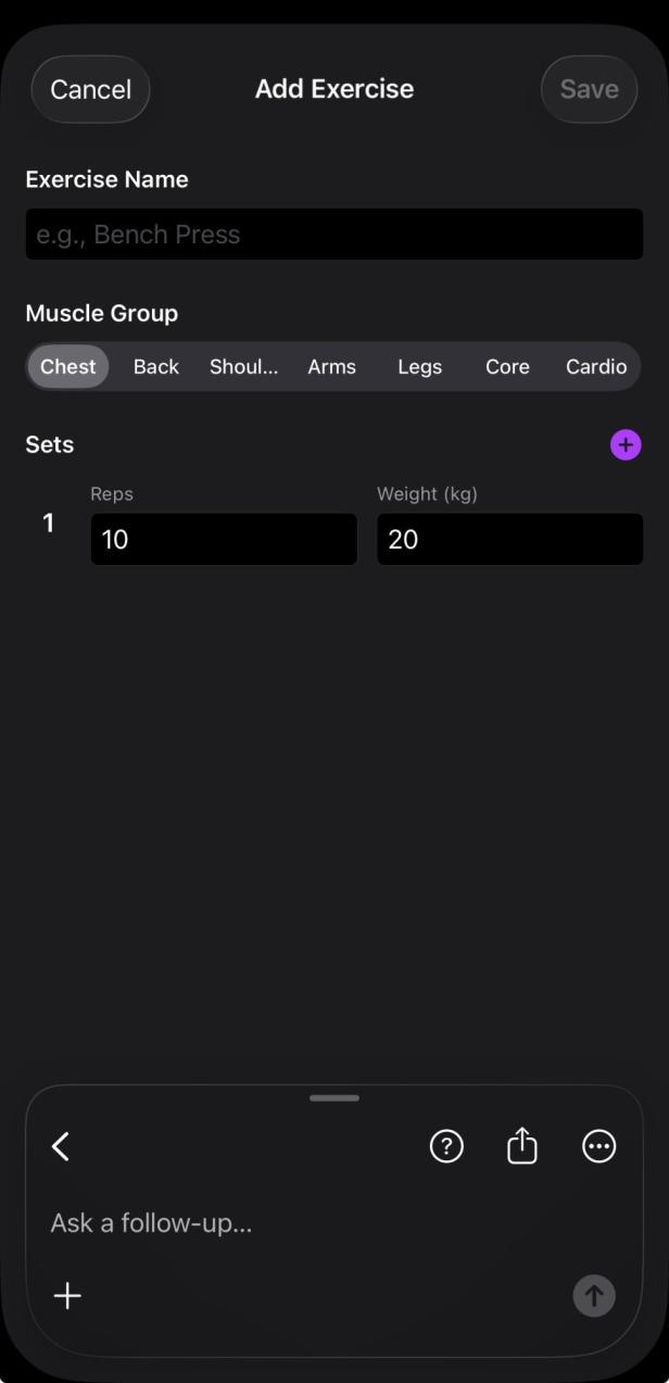 Die Workput-Option unserer neuen App mit Auswahl der Muskelgruppen und Gewichte.