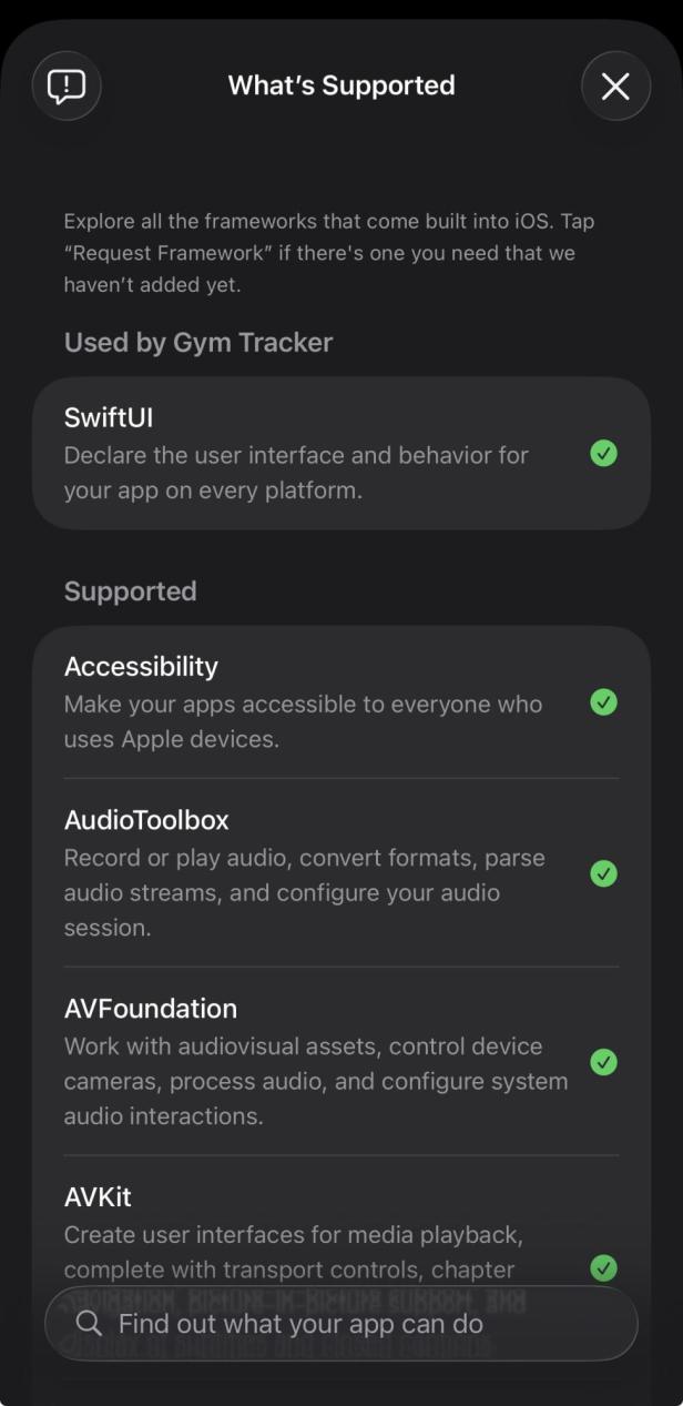 Eine Liste mit derzeit unterstützten Frameworks von Bitrig