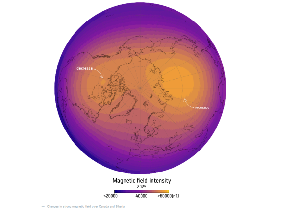 Eine Simulation des Magnetfeldes über Sibirien und Kanada