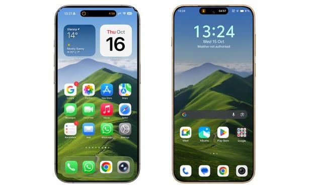 iOS 26 auf einem iPhone (links) vs. OriginOS 6 auf dem Vivo X300 Pro (rechts)
