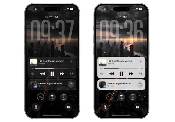 iOS 26 Liquid Glass: "Transparent" (links) und "Eingefärbt" (rechts)