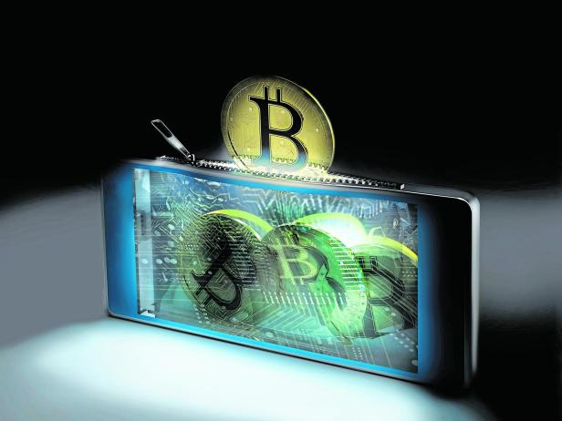 Ein Smartphone mit Reißverschluss zeigt Bitcoins, die aus dem Bildschirm kommen.