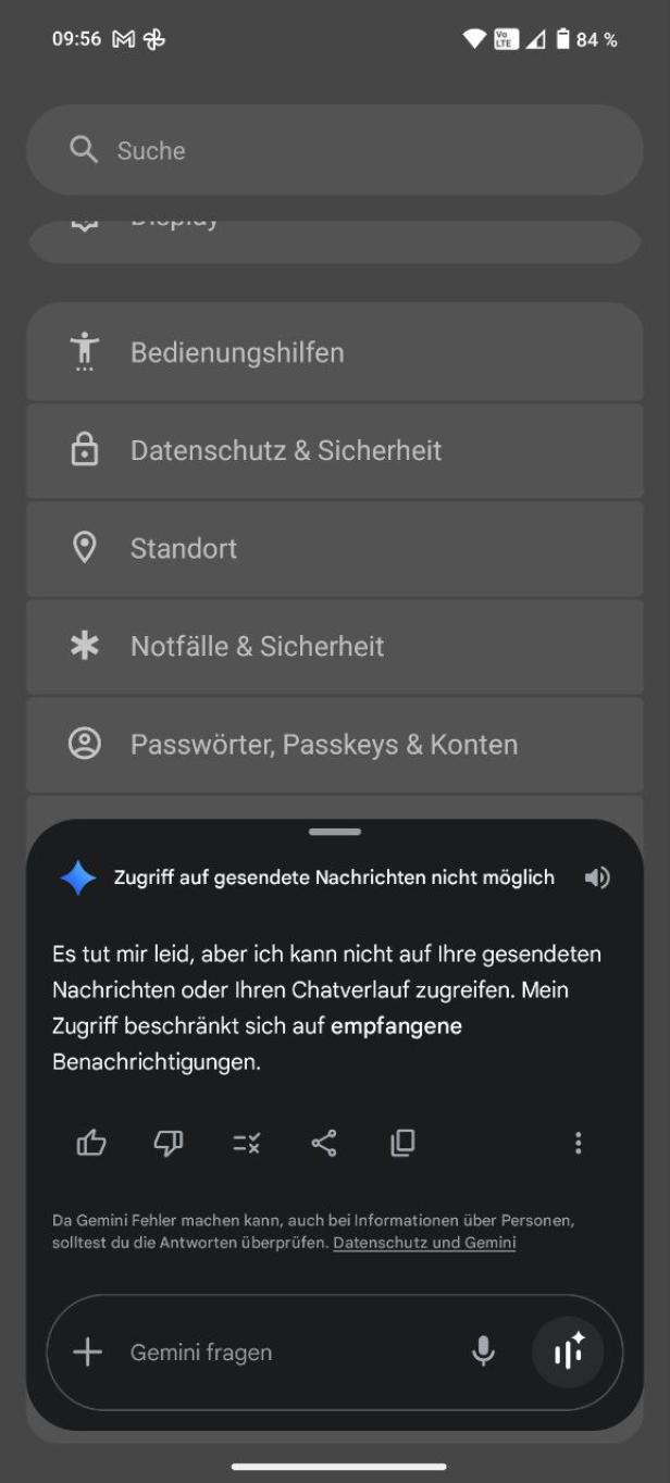 Gemini kann nicht auf den Chatverlauf zugreifen.