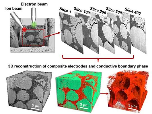Das Elektrodenmaterial in Grün und das Gel (conductive boundary phase) in Rot.