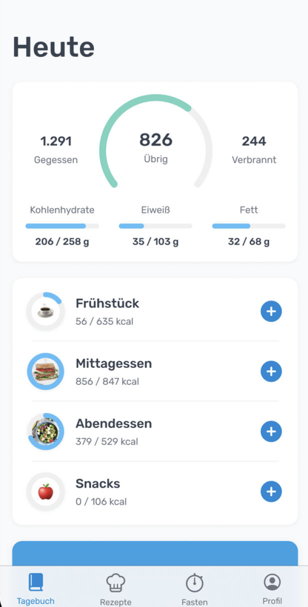 Dashboard der Yazio-App mit Übersicht über Mahlzeiten und Makro-Werte
