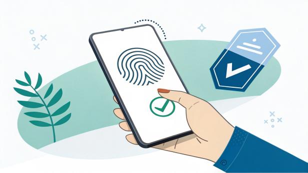 Hand hält Smartphone mit Fingerabdruck auf dem Bildschirm und grünem Häkchen, daneben blaues Schild mit weißem Häkchen, stilisierte Pflanze im Hintergrund.
