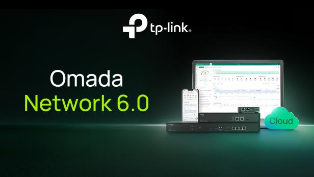 Logo von tp-link über dem Text 'Omada Network 6.0' neben einem schwarzen Netzwerkgerät, einem Smartphone und einem Laptop mit geöffneter Softwareoberfläche, rechts eine grüne Wolke mit dem Wort 'Cloud'.