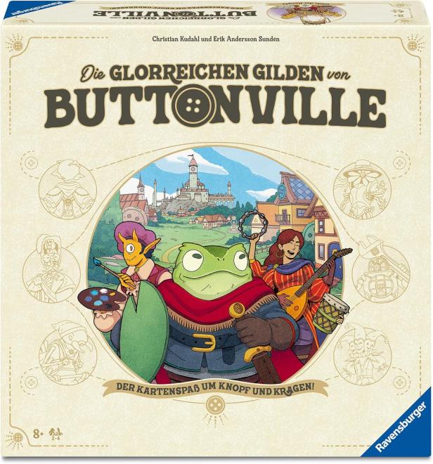 Spielschachtel von "Die glorreichen Gilden von Buttonville" mit bunten Fantasy-Figuren.